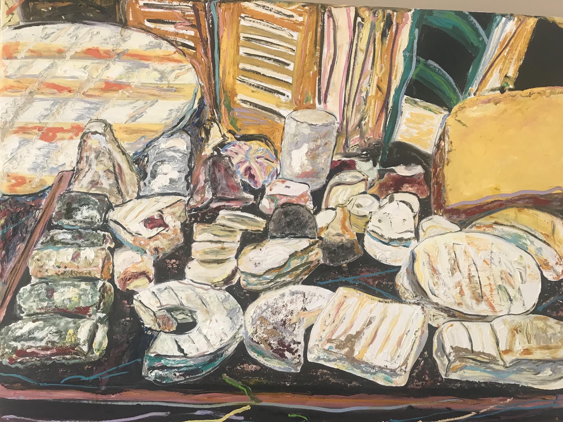 Painting: Market with Cheeses but without the Smells or Infractions to a Healthy Diet